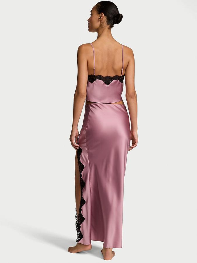 Satin Lace-Trim Cropped Top & Slip Skirt Set