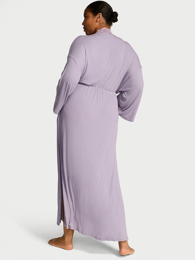 Ribbed Modal Lace-Trim Long Robe