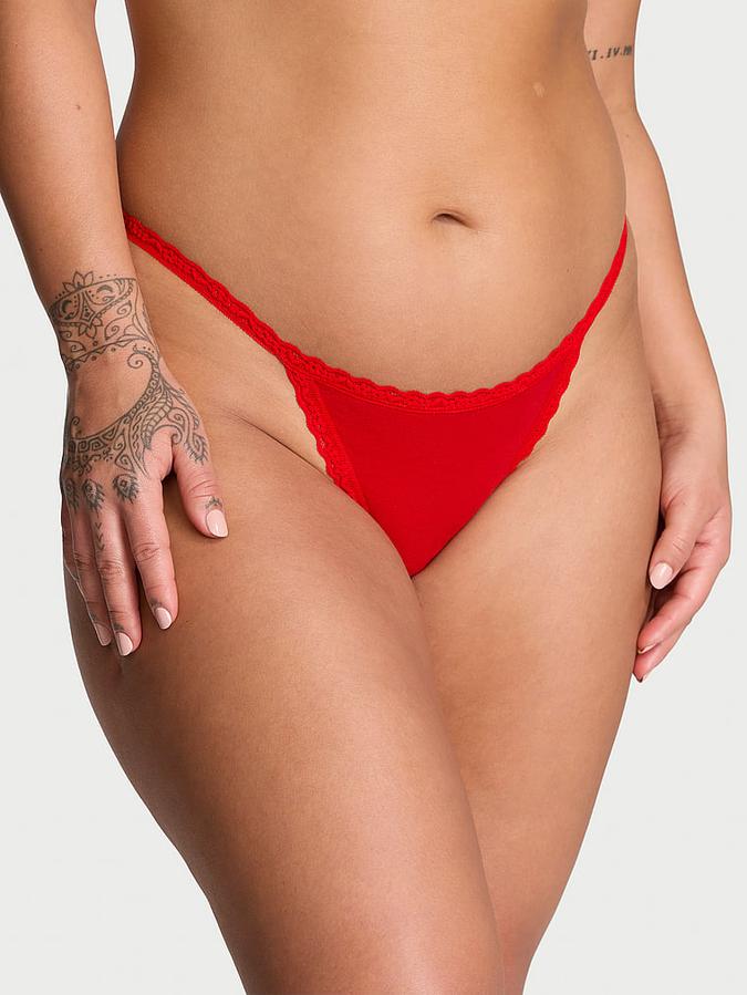 Lace-Trim Cotton V-String Panty