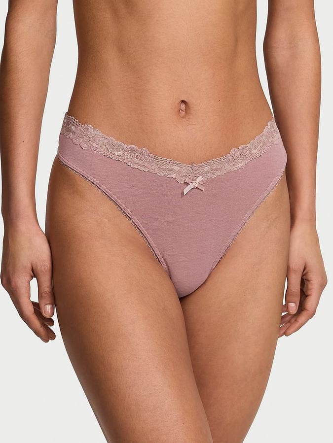 Stretch Cotton Lace-Waist Scoop High-Leg Thong Panty