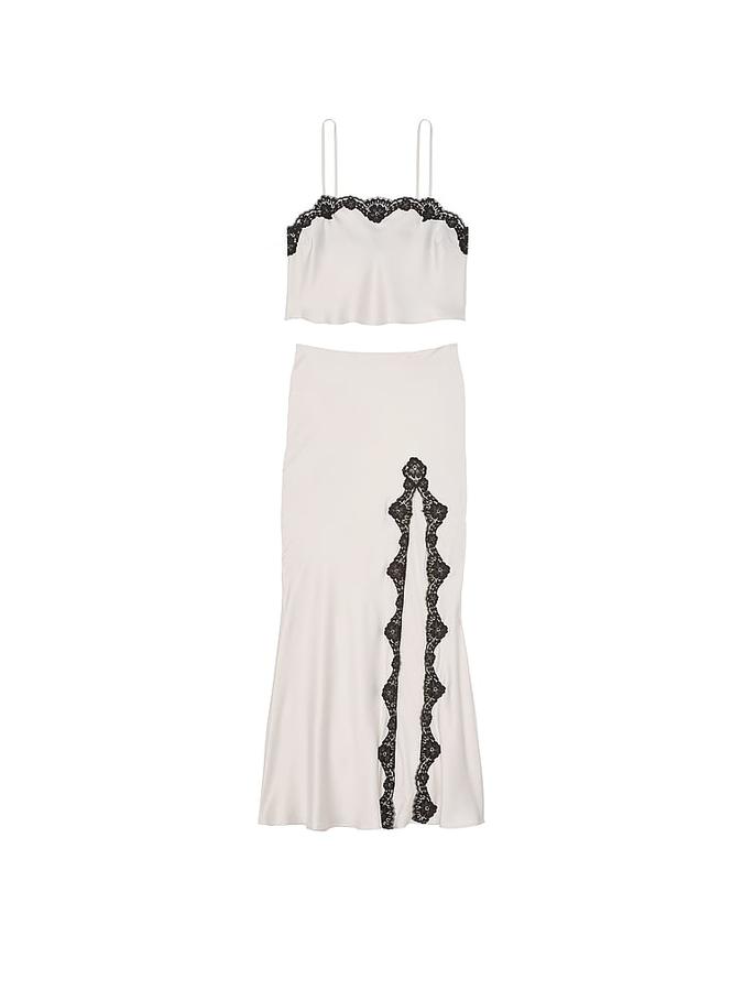 Satin Lace-Trim Cropped Top & Slip Skirt Set image number 2