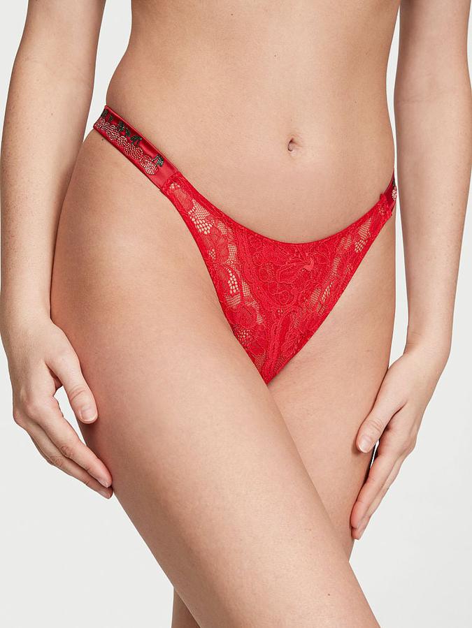 Crotchless Shine Strap Lace Brazilian Panty