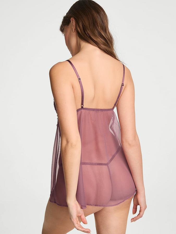 Sheer Rose Lace Triangle Babydoll Set