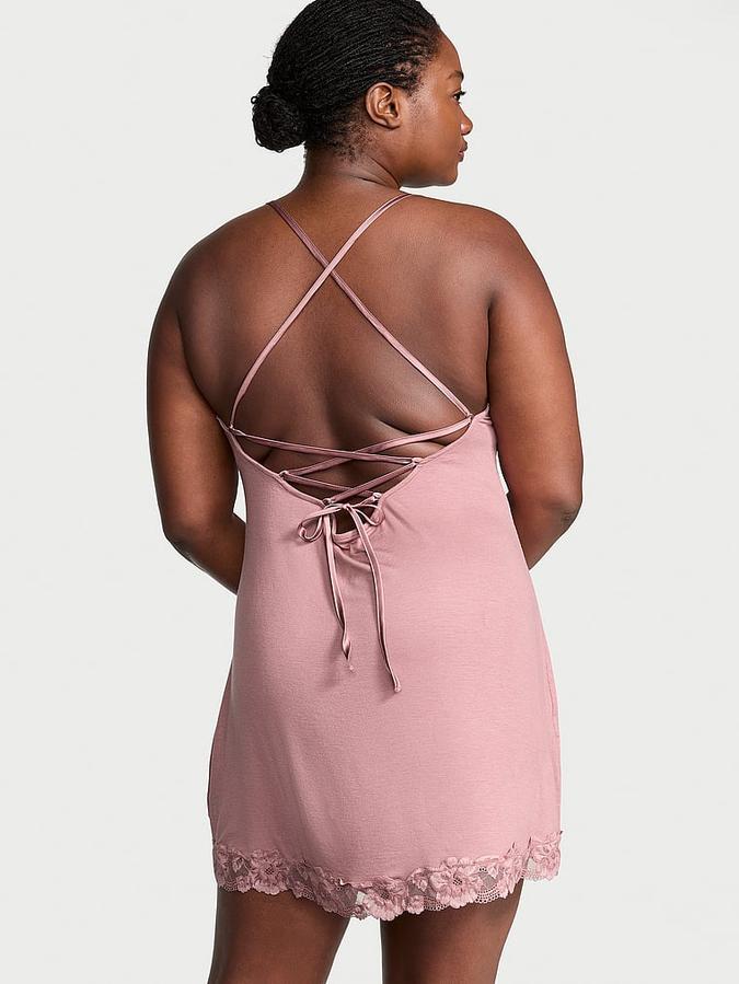 Ribbed Modal & Lace Cross-Back Slip Dress