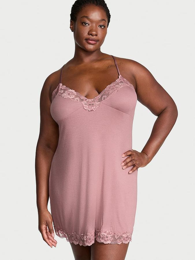 Ribbed Modal & Lace Cross-Back Slip Dress