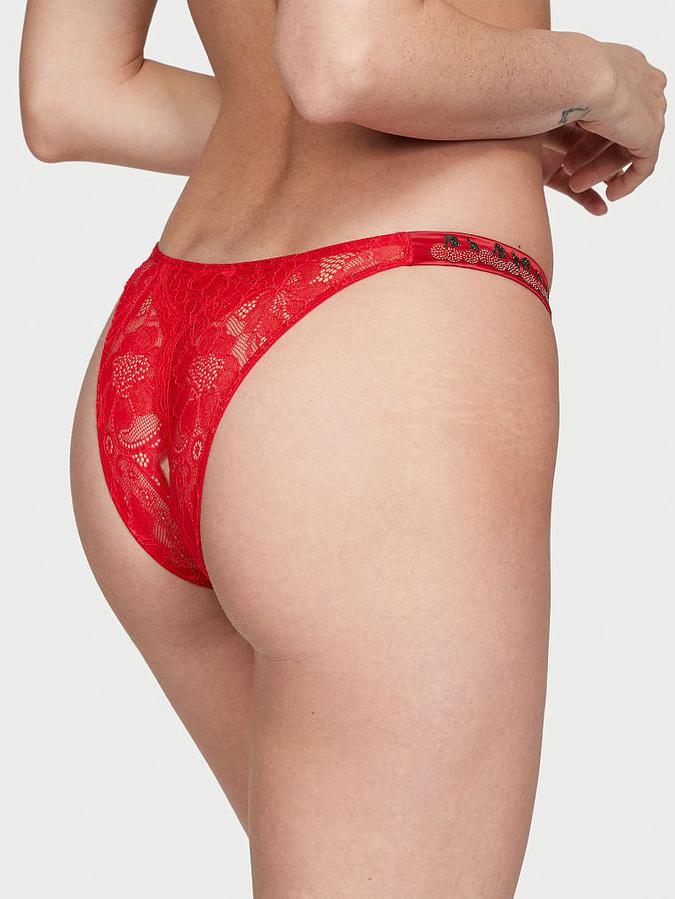 Crotchless Shine Strap Lace Brazilian Panty