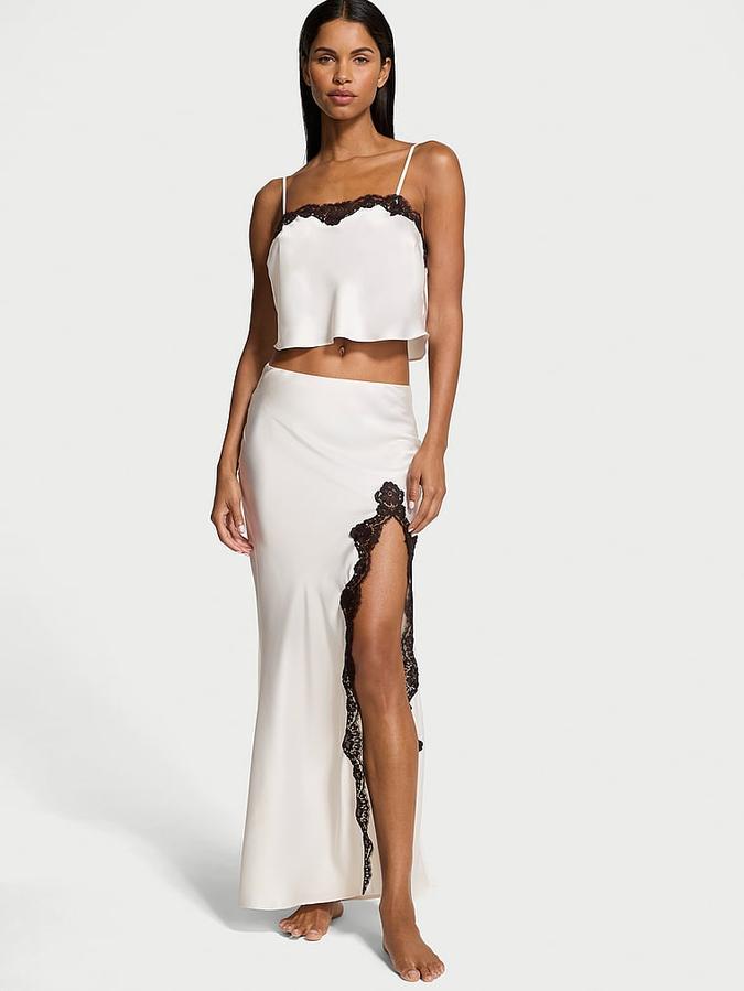 Satin Lace-Trim Cropped Top & Slip Skirt Set