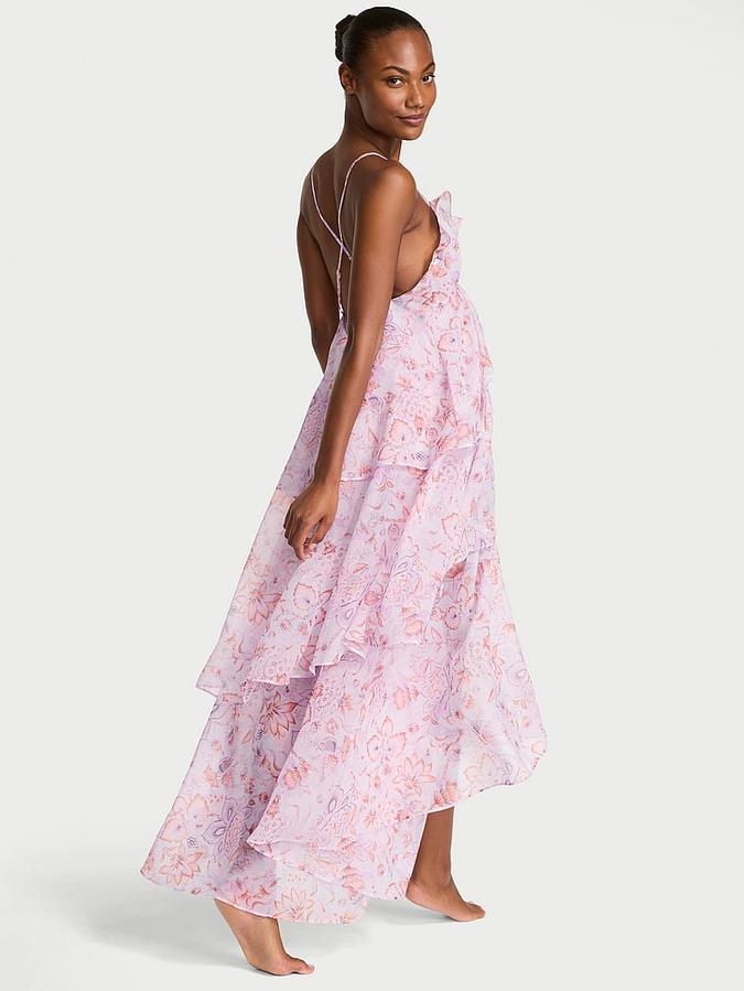 Vintage Blossom Chiffon Ruffled Maxi Dress